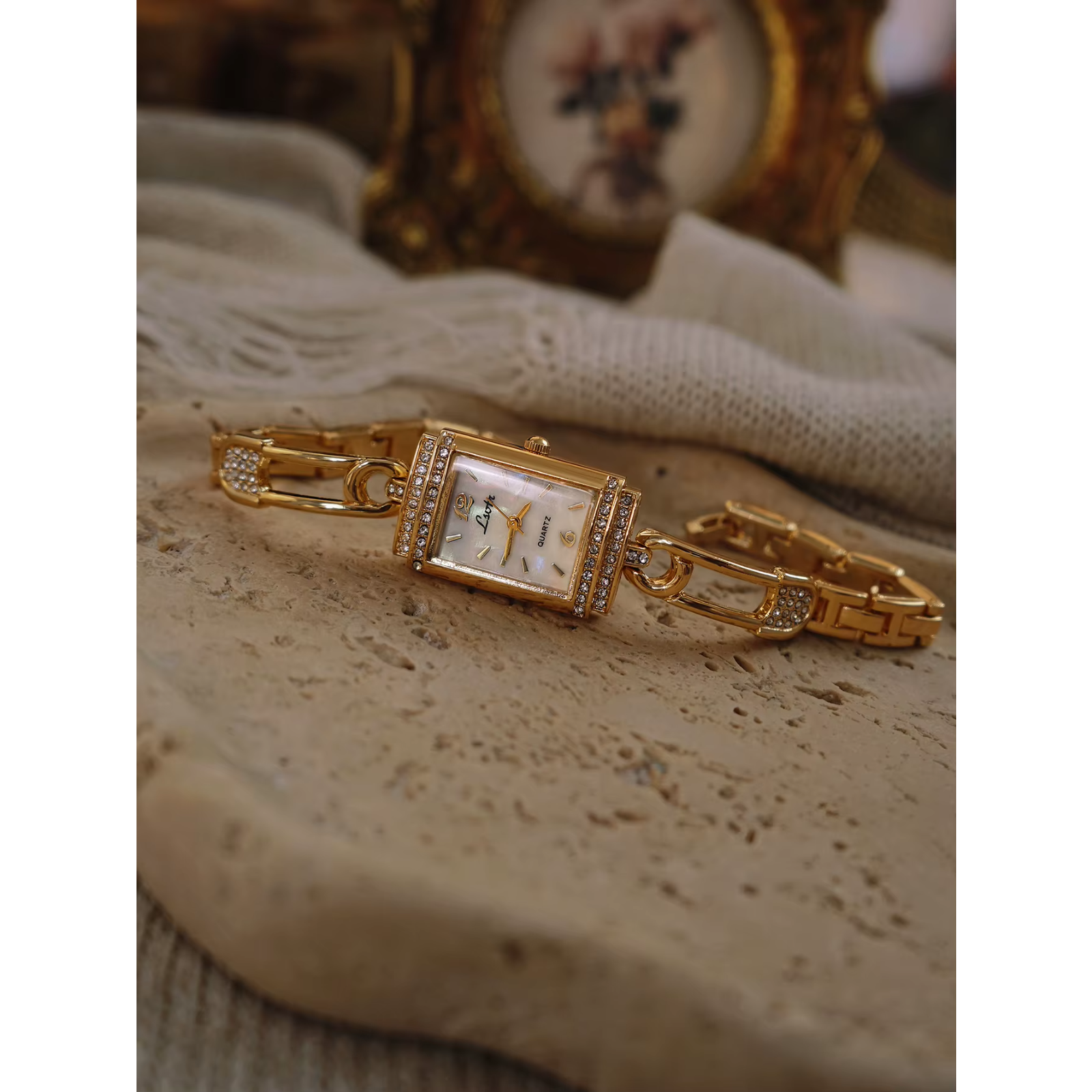 Gold Vintage Style Unique Womens Wrist Watch Mother Of Pearl Dial
